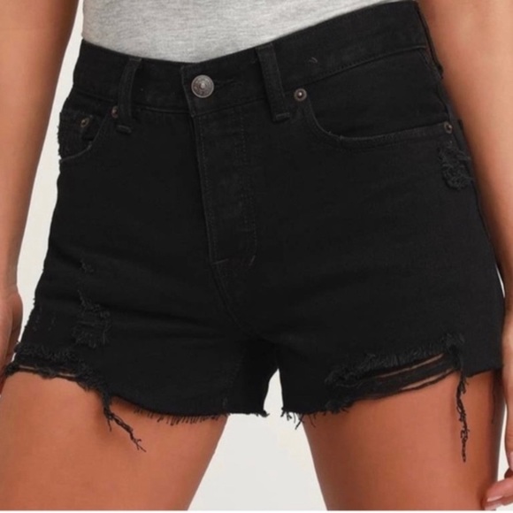 We The Free Free People Black Raw Hem Distressed High Rise Jean Shorts Size 28 - Picture 1 of 13